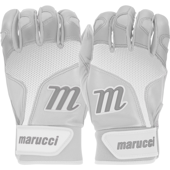 A pair of Marucci PWR Fade Youth Batting Gloves (MBGPWRFY) in white and gray with mesh details, large M logos on the backs, and sheepskin palms for maximum grip, shown side by side with palms facing down.