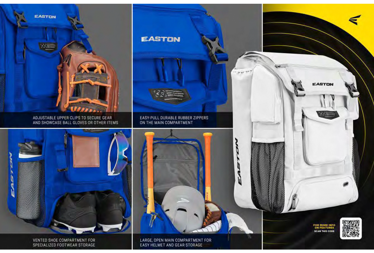 Collage of Easton MAV1 Backpack (MAV1BP) in blue and white, featuring adjustable glove clips, rubber zippers, vented shoe compartments, and roomy helmet storage. Highlights the Easton gear bag’s high-capacity organization.