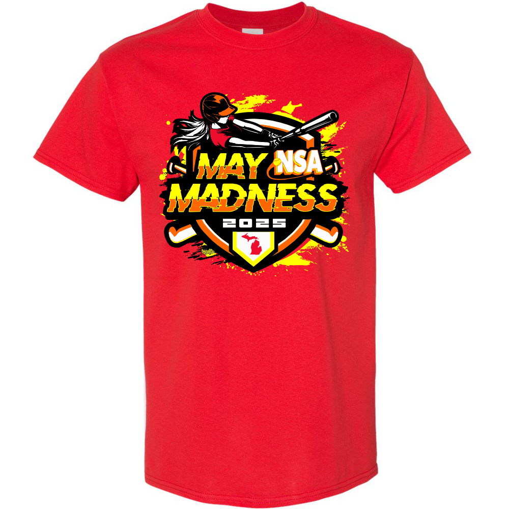 The 2025 NSA May Madness Fastpitch Tournament T-Shirt by DSG Apparel is red, with a dynamic softball graphic of a batter, "NSA May Madness 2023" text, and crossed bats on a shield with yellow and orange accents.