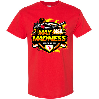 The 2025 NSA May Madness Fastpitch Tournament T-Shirt by DSG Apparel is red, with a dynamic softball graphic of a batter, "NSA May Madness 2023" text, and crossed bats on a shield with yellow and orange accents.