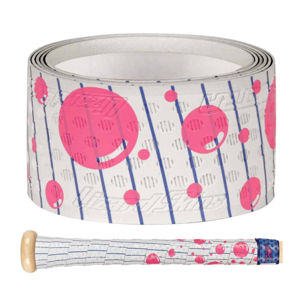 The Lizard Skins DSP Ultra Outburst 1.1mm Bat Grip in Dugout Bubble features white grip tape with blue lines and pink bubbles, offering both polymer durability and style; a portion is shown wrapped around a bat handle at the bottom.