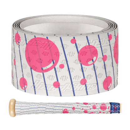 The Lizard Skins DSP Ultra Outburst 1.1mm Bat Grip in Dugout Bubble features white grip tape with blue lines and pink bubbles, offering both polymer durability and style; a portion is shown wrapped around a bat handle at the bottom.
