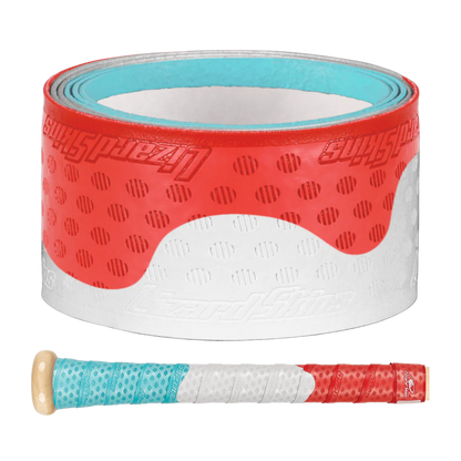 A close-up of a Lizard Skins DSP Ultra Outburst 1.1mm Bat Grip in Patriotic Pop, featuring a dotted pattern, shown above a bat handle wrapped in the same durable polymer grip used in MLB.