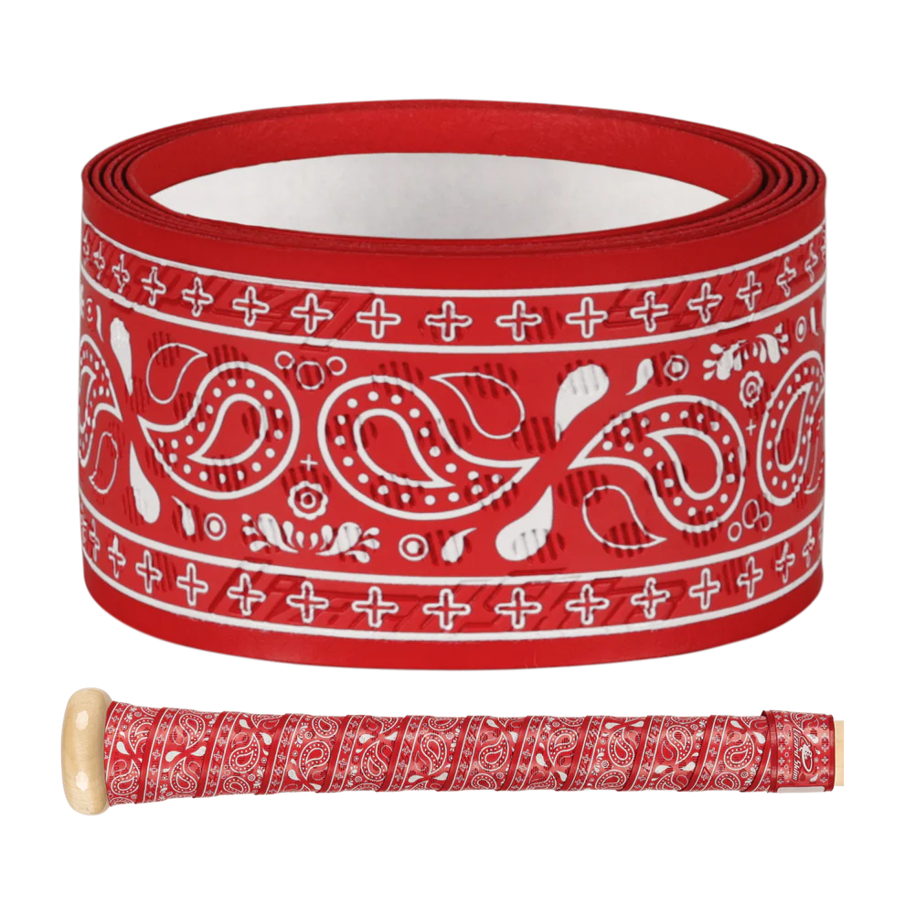 The Lizard Skins DSP Ultra Outburst 1.1mm Bat Grip in Crimson Bandit features a white paisley bandana pattern, offering classic style and durable polymer performance inspired by Major League Baseball.