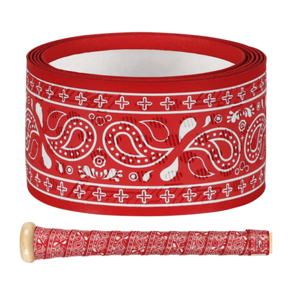 The Lizard Skins DSP Ultra Outburst 1.1mm Bat Grip in Crimson Bandit features a white paisley bandana pattern, offering classic style and durable polymer performance inspired by Major League Baseball.