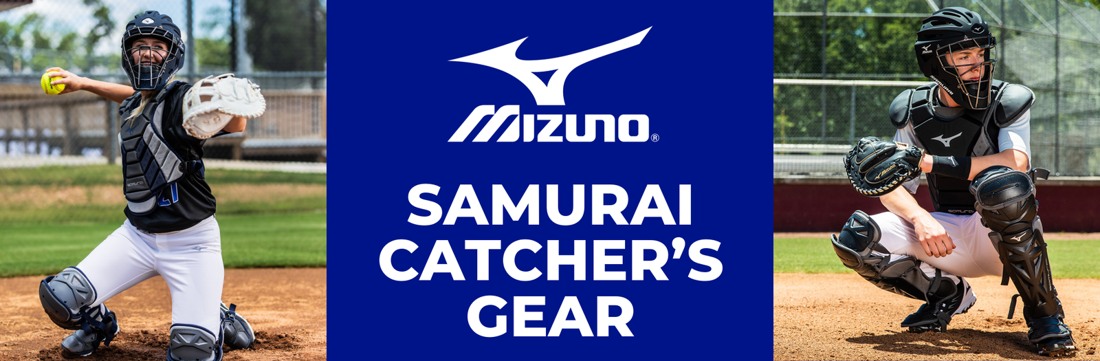 Two baseball catchers in protective gear are shown on a field, separated by a blue panel with the Mizuno logo and the words SAMURAI CATCHER’S GEAR in bold white text.