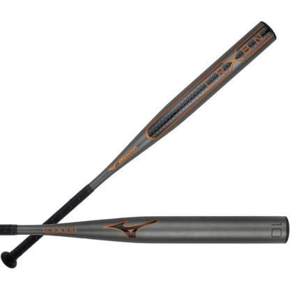 Two gray and black 2026 Mizuno CRBN X (-10) Fastpitch Softball Bats (340690) with orange accents, FLEXEN on the barrel, and Mizuno logo. One bat is horizontal; the other stands upright, highlighting Detonator Cor technology.