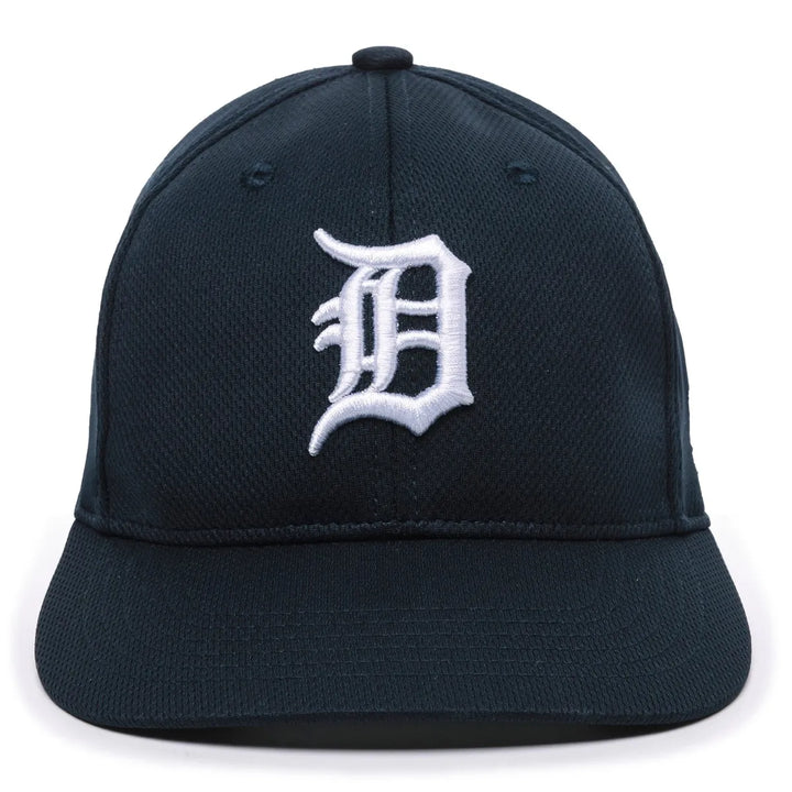 The Outdoor Cap MLB Replica Adjustable Home Baseball Hat (MLB350H) by Outdoor Cap is a dark blue cap with a white embroidered old English D, curved brim, visible stitching, and adjustable fit for comfort.