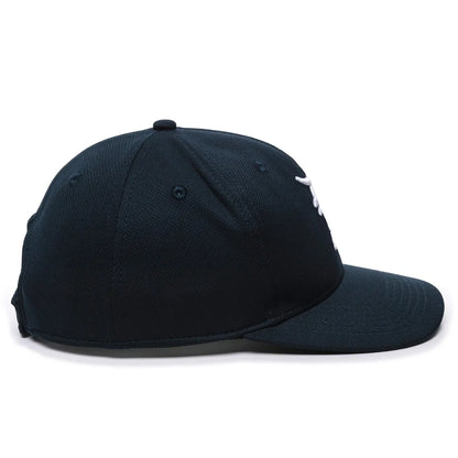 The Markwort Outdoor Cap MLB Replica Adjustable Home Baseball Hat (MLB350H) in navy blue is shown from the side with a flat brim, visible stitching, and a partially visible 3D MLB logo on the front.