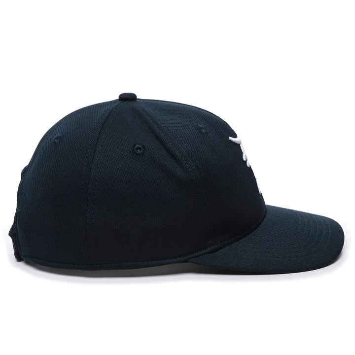 The Outdoor Cap MLB Replica Adjustable Home Baseball Hat (MLB350H) by Outdoor Cap is shown from the side in dark navy blue, featuring a curved brim, panel stitching, a 3D MLB logo, and an adjustable design for comfort and style.