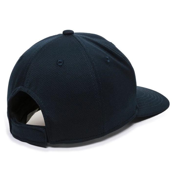 The Outdoor Cap MLB Replica Adjustable Home Baseball Hat (MLB350H) by Outdoor Cap is shown from the back, featuring a dark navy blue color, curved brim, Velcro strap closure, visible stitching, and breathable fabric.