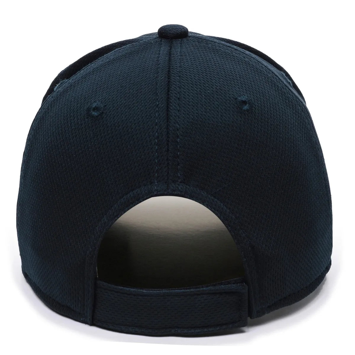 The Markwort Outdoor Cap MLB Replica Adjustable Home Baseball Hat (MLB350H) is shown from the back, featuring a dark blue color, fabric strap with hook-and-loop closure, small opening above the strap, and classic performance cap design.