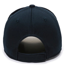 The Markwort Outdoor Cap MLB Replica Adjustable Home Baseball Hat (MLB350H) is shown from the back, featuring a dark blue color, fabric strap with hook-and-loop closure, small opening above the strap, and classic performance cap design.