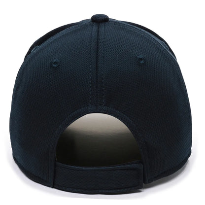 The Markwort Outdoor Cap MLB Replica Adjustable Home Baseball Hat (MLB350H) is shown from the back, featuring a dark blue color, fabric strap with hook-and-loop closure, small opening above the strap, and classic performance cap design.
