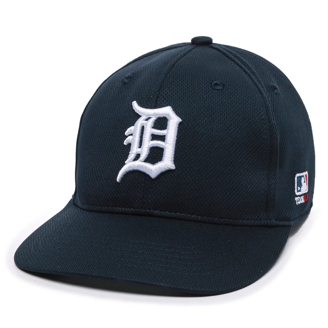 The Outdoor Cap MLB Replica Adjustable Home Baseball Hat (MLB350H) by Outdoor Cap features a navy blue design with a white old English "D" on the front and a 3D MLB logo patch on the side, offering authentic style and adjustable comfort.