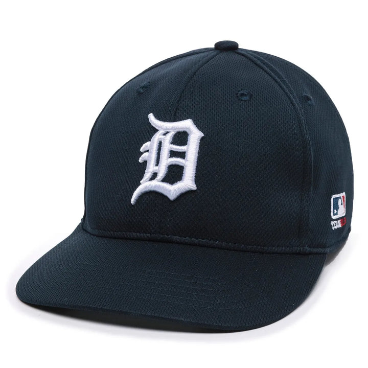 The Outdoor Cap MLB Replica Adjustable Home Baseball Hat (MLB350H) by Outdoor Cap features a navy blue design with a white old English "D" on the front and a 3D MLB logo patch on the side, offering authentic style and adjustable comfort.