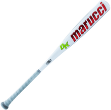 The 2024 Marucci CATX SMART (-5) 2 3/4" USSSA Baseball Bat (MSBCXS5) features a white barrel with bold red Marucci branding, a grey grip handle, green Dk text, is USSSA approved, and is compatible with Diamond Kinetics sensors.