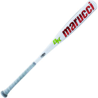 The 2024 Marucci CATX SMART (-5) 2 3/4" USSSA Baseball Bat (MSBCXS5) features a white barrel with bold red Marucci branding, a grey grip handle, green Dk text, is USSSA approved, and is compatible with Diamond Kinetics sensors.