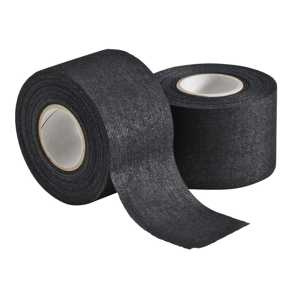 Two rolls of black Mueller M Tape Athletic Tape: MTAPE, one partially unrolled cotton backcloth.