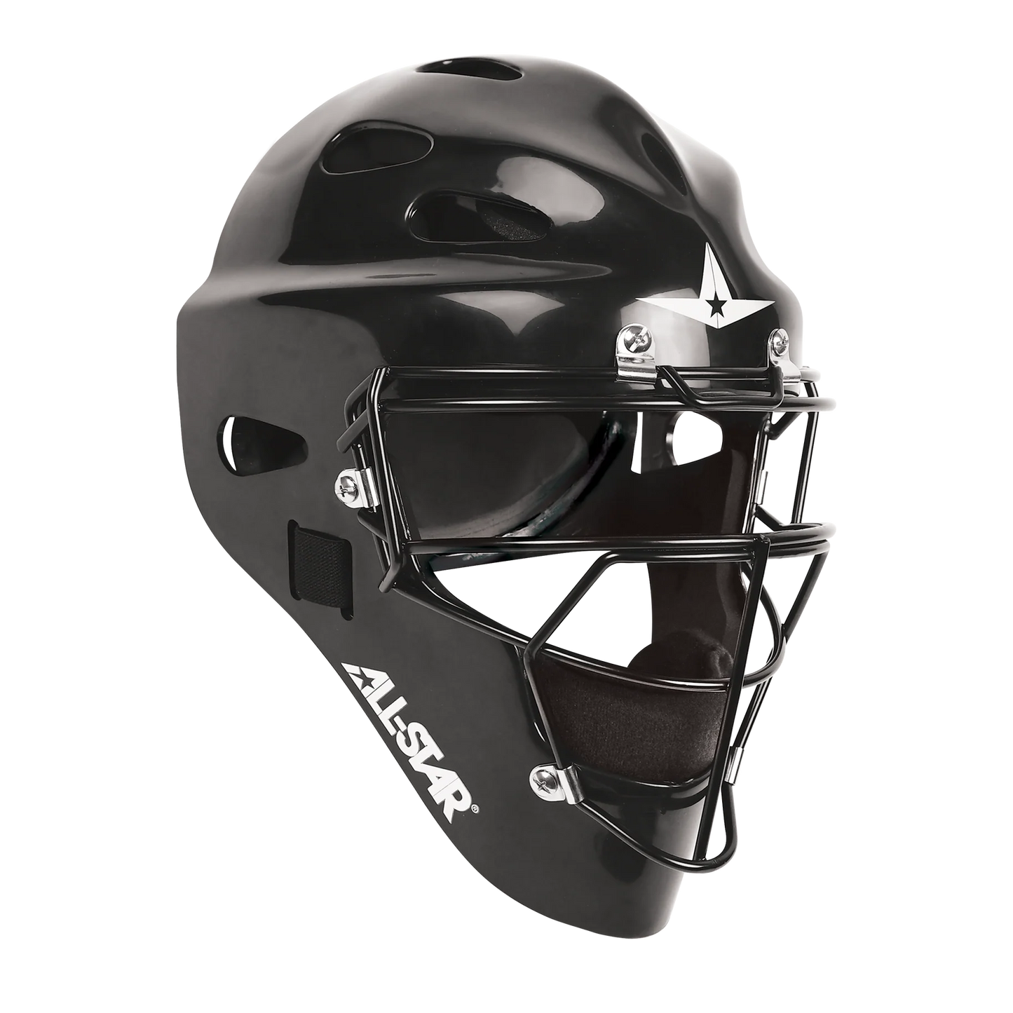 The All Star Future Star Series Catcher's Kit: CK-FS2 includes a black catcher's helmet with metal face guard, ventilation holes, and padded interior for baseball or softball safety—ideal for youth players.