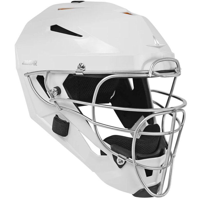 The All Star PHX Paige Halstead MVP Pro Hockey Style Catcher's Helmet (MVP5-PHX) is a white helmet with a metal cage, black interior padding, and side ventilation holes, shown on a plain background.
