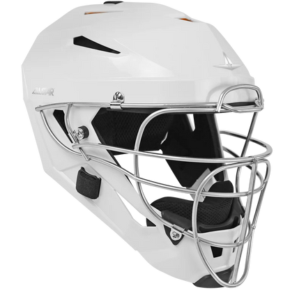 The All Star PHX Paige Halstead MVP Pro Hockey Style Catcher's Helmet (MVP5-PHX) is a white helmet with a metal cage, black interior padding, and side ventilation holes, shown on a plain background.
