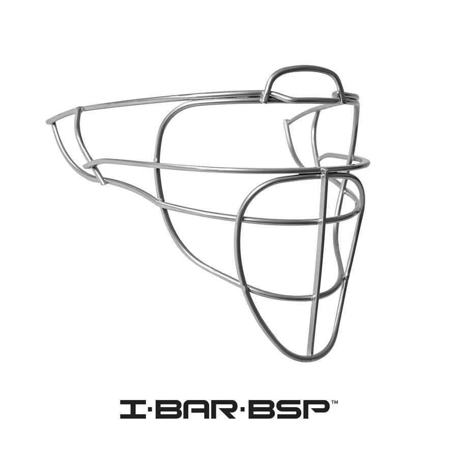 An All Star PHX Paige Halstead MVP Pro Hockey Style Catcher's Helmet (MVP5-PHX) in silver, featuring an open wireframe design, is displayed on a white background with the I-BAR·BSP logo beneath it.