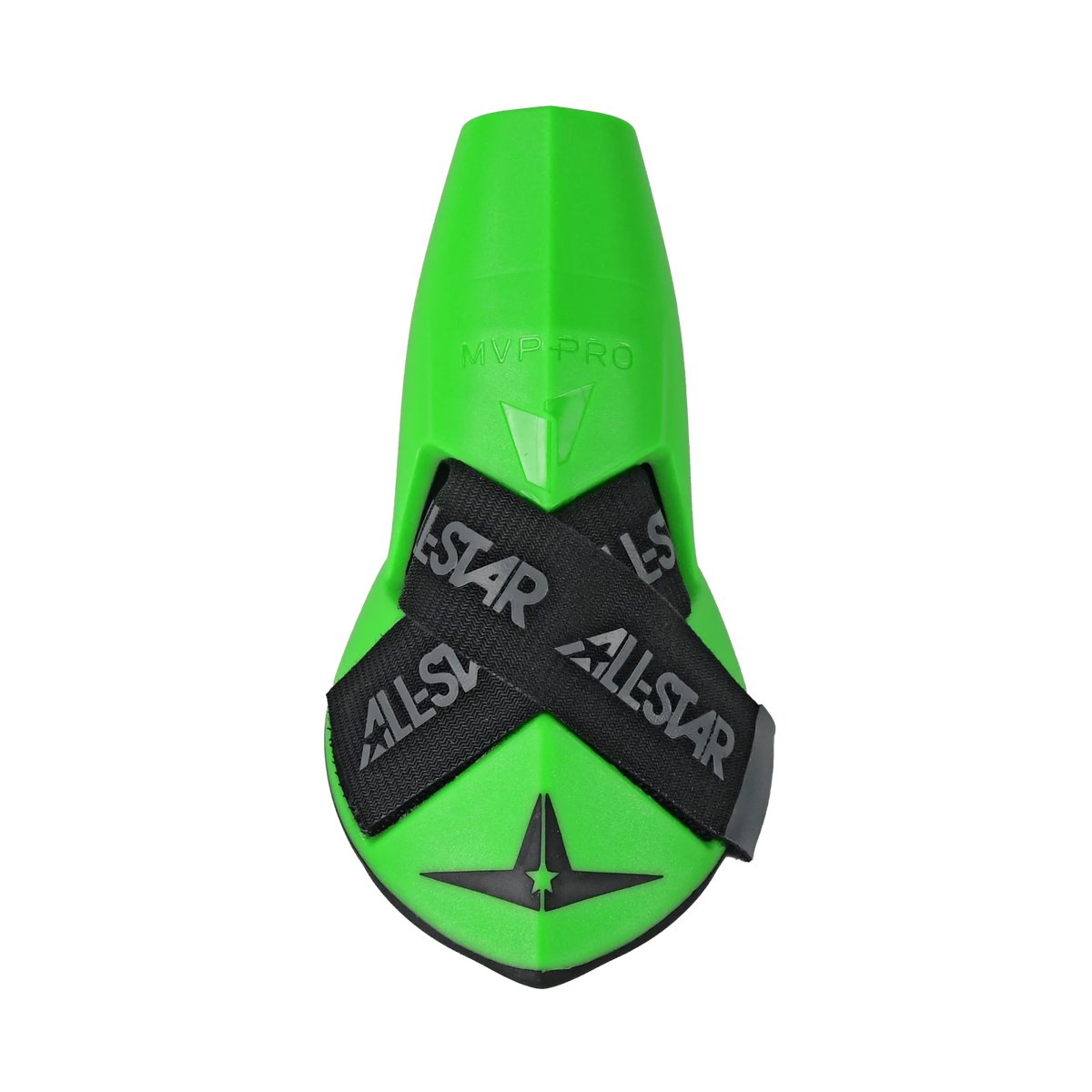 A vibrant green All Star MVP-PRO Catcher’s Thumb Guard (CTG-MVP-LGE-LG) is displayed against a plain white background, featuring integrated thumb protection, black Velcro straps labeled “ALL-STAR,” bold “MVP PRO” text, and a star logo at the bottom.