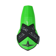 A vibrant green All Star MVP-PRO Catcher’s Thumb Guard (CTG-MVP-LGE-LG) is displayed against a plain white background, featuring integrated thumb protection, black Velcro straps labeled “ALL-STAR,” bold “MVP PRO” text, and a star logo at the bottom.