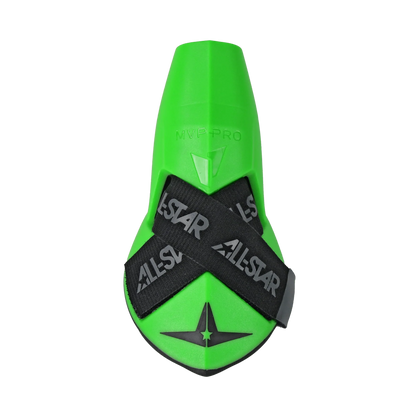 A vibrant green All Star MVP-PRO Catcher’s Thumb Guard (CTG-MVP-LGE-LG) is displayed against a plain white background, featuring integrated thumb protection, black Velcro straps labeled “ALL-STAR,” bold “MVP PRO” text, and a star logo at the bottom.