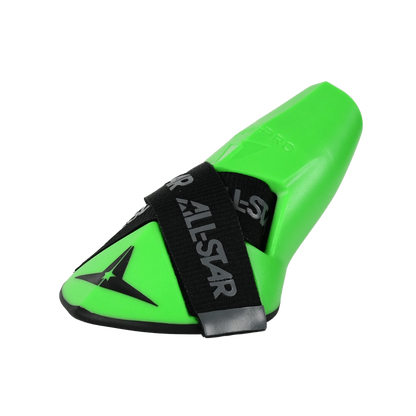 A vibrant green martial arts foot guard featuring black All Star straps is angled on a white background, showcasing thumb protection inspired by the All Star MVP-PRO Catcher’s Thumb Guard (CTG-MVP-LGE-LG).