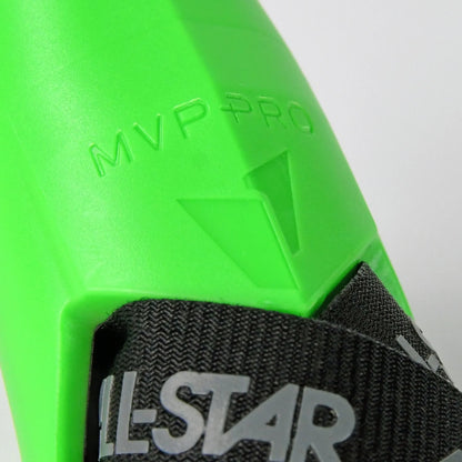 Close-up of a bright green All Star MVP-PRO Catcher’s Thumb Guard (CTG-MVP-LGE-LG) featuring the All Star name and geometric logo embossed on the surface. A black strap with ALL-STAR printed in white is partially visible at the bottom, emphasizing this thumb guard’s superior protection for catchers.