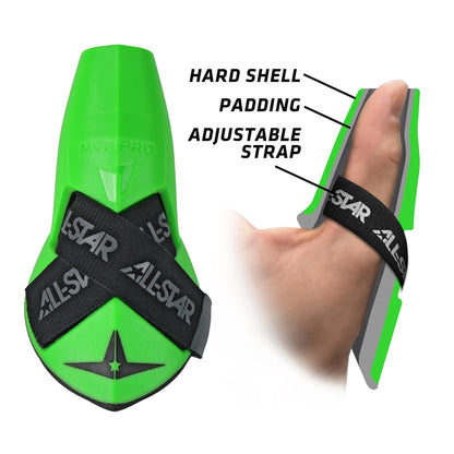 Green All Star MVP-PRO Catcher’s Thumb Guard (model CTG-MVP-LGE-LG) featuring black adjustable straps and premium padding. Diagram highlights the hard shell, superior thumb protection, and adjustable strap, with a hand illustration showing the secure fit around the thumb.