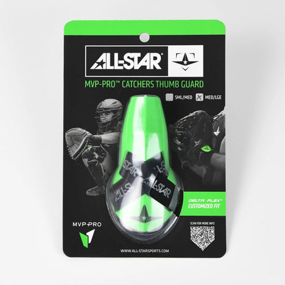 The All Star MVP-PRO Catcher’s Thumb Guard (CTG-MVP-LGE-LG) in bright green, size medium/large, delivers outstanding thumb protection and is packaged with eye-catching baseball player graphics, prominent All Star branding, and a convenient QR code at the bottom right.