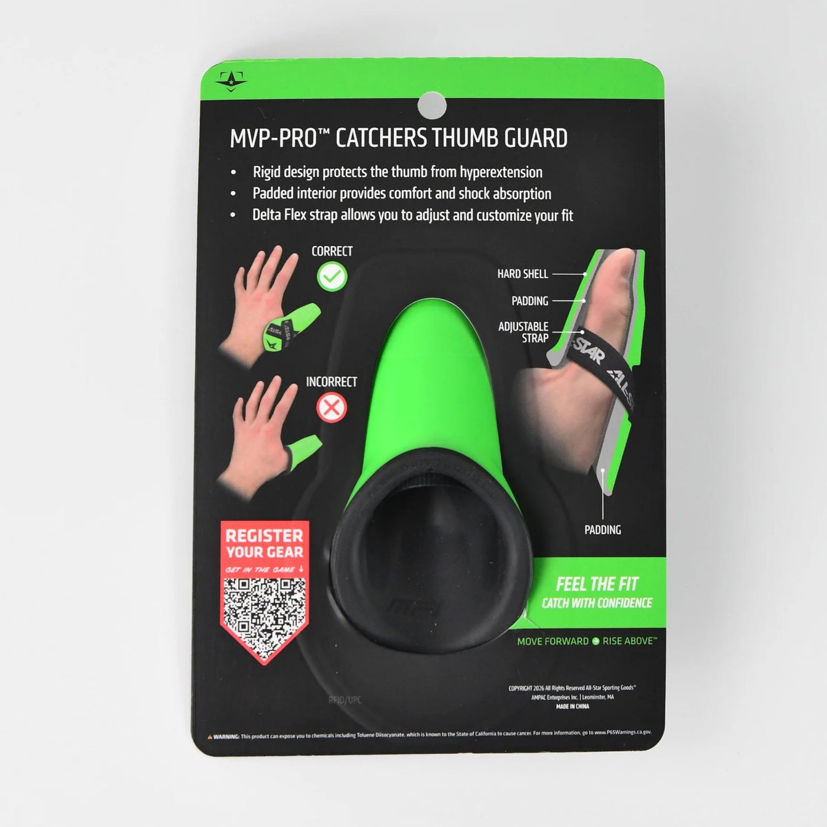 An All Star MVP-PRO Catcher’s Thumb Guard (CTG-MVP-LGE-LG) in green, packaged with visual instructions demonstrating proper and improper ways to wear it, product details, and a QR code for gear registration. Engineered by All Star for exceptional thumb protection, this thumb guard delivers top-tier safety behind the plate.