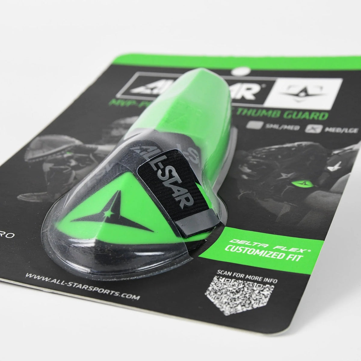 All Star MVP-PRO Catcher’s Thumb Guard (CTG-MVP-LGE-LG) in green comes in black packaging labeled Delta Flex Customized Fit. The package features a QR code and images of athletes, with All Star branding and detailed product information on the card, highlighting its advanced thumb protection.