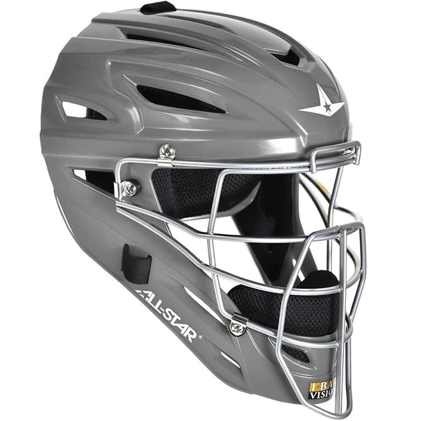 A gray All Star System7 MVP2500/MVP2510 catcher's helmet features high impact resistance, a metal face guard, ventilation slots, and the All Star brand logo on the side.