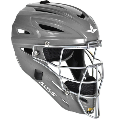 A gray All Star System7 MVP2500/MVP2510 catcher's helmet features high impact resistance, a metal face guard, ventilation slots, and the All Star brand logo on the side.