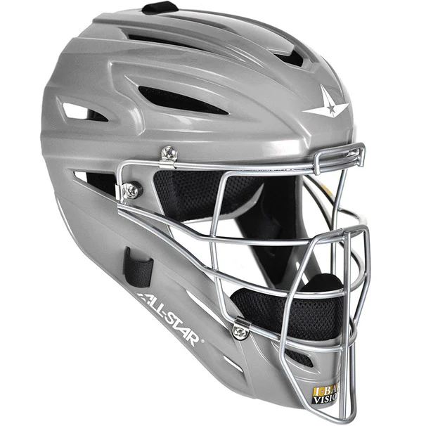The All Star System7 Hockey Style Catcher's Helmet: MVP2500/MVP2510 is a high-impact resistant helmet featuring a metal faceguard, black inner padding, ventilation slits, and All Star logos on the side and front.