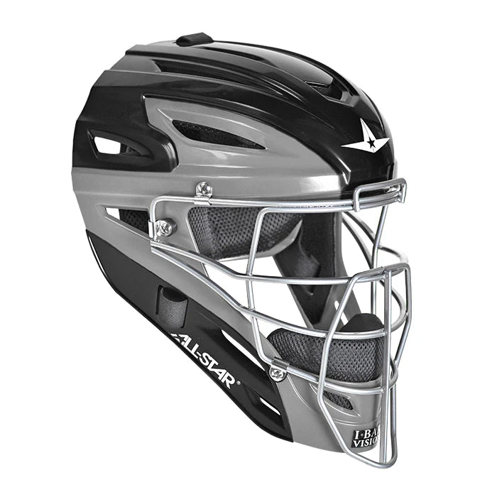 The All Star System7 Axis Catcher's Kit features a black and silver helmet with a metal face guard, ventilation holes, the All Star logo on the side, and I-Bar Vision label on the metal bars.