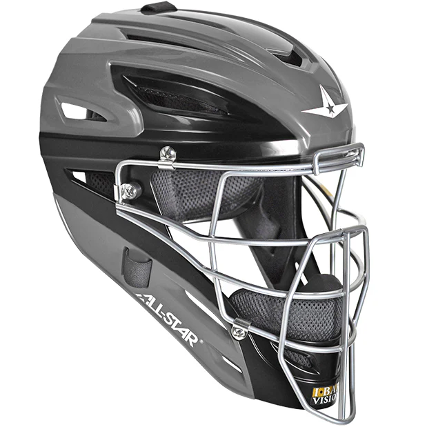 The All Star System7 Axis MVP2500 youth catcher’s helmet features a black and gray design, metal face guard, ventilation slots, star logo, and "ALL-STAR" branding on the side.