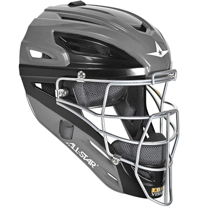 The All Star System7 Axis MVP2500 youth catcher’s helmet features a black and gray design, metal face guard, ventilation slots, star logo, and "ALL-STAR" branding on the side.