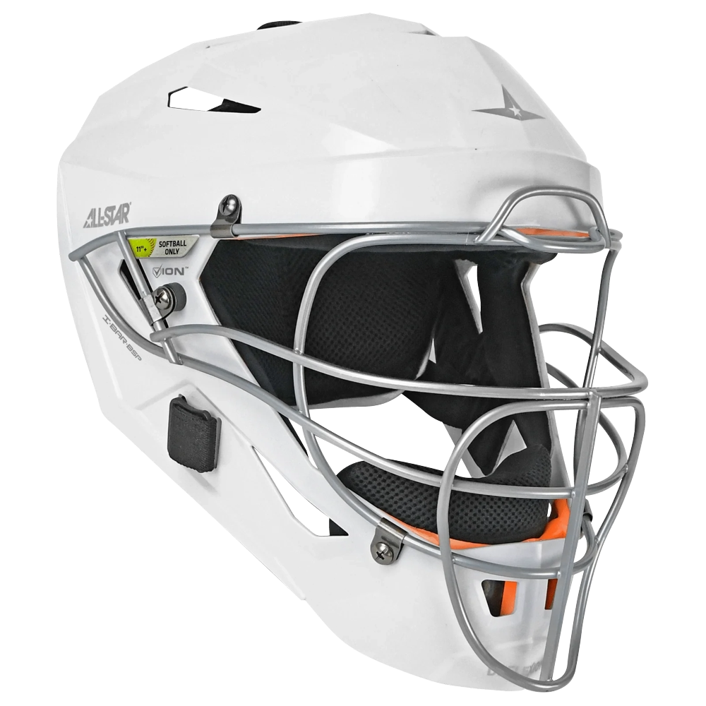 All Star PHX Paige Halstead MVP Pro Lite Hockey Style Catcher’s Helmet: MVP-5-PHX-LT in white, featuring a silver metal face guard, black interior padding, and SOFTBALL ONLY and VISION labels on the side—perfect for serious fastpitch players seeking an MVP-PHX Lite catching helmet inspired by Paige Halstead.