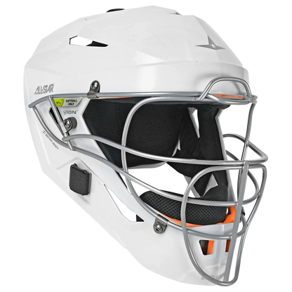 All Star PHX Paige Halstead MVP Pro Lite Hockey Style Catcher’s Helmet: MVP-5-PHX-LT in white, featuring a silver metal face guard, black interior padding, and SOFTBALL ONLY and VISION labels on the side—perfect for serious fastpitch players seeking an MVP-PHX Lite catching helmet inspired by Paige Halstead.