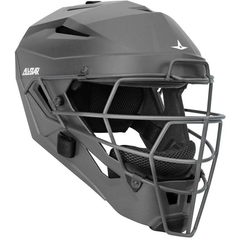 The All Star MVP Pro Hockey Style Catcher's Helmet: MVP5 is a matte black helmet with a metal face guard and ventilation slots. Featuring All Star branding, it offers full head and face protection for baseball or softball catchers.
