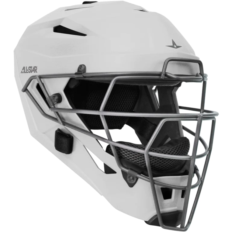 The All Star MVP Pro Hockey Style Catcher's Helmet: MVP5 features a white shell, metal face guard, black interior padding, and ventilation holes, with All Star branding—essential catcher’s gear for high-level protection.