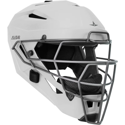 The All Star MVP Pro Hockey Style Catcher's Helmet: MVP5 features a white shell, metal face guard, black interior padding, and ventilation holes, with All Star branding—essential catcher’s gear for high-level protection.