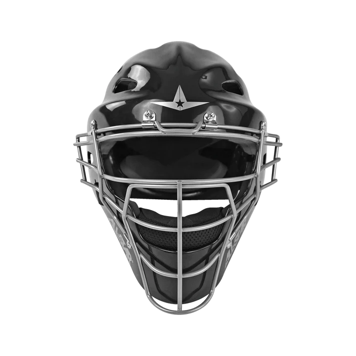 The All Star Heiress Fastpitch Catcher's Kit: CKW-H helmet by All Star features a black design, silver metal faceguard, and star logo above the visor, shown front-facing on a white background—ideal for catcher sets or travel ball use.
