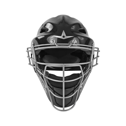 The All Star Heiress Fastpitch Catcher's Kit: CKW-H helmet by All Star features a black design, silver metal faceguard, and star logo above the visor, shown front-facing on a white background—ideal for catcher sets or travel ball use.