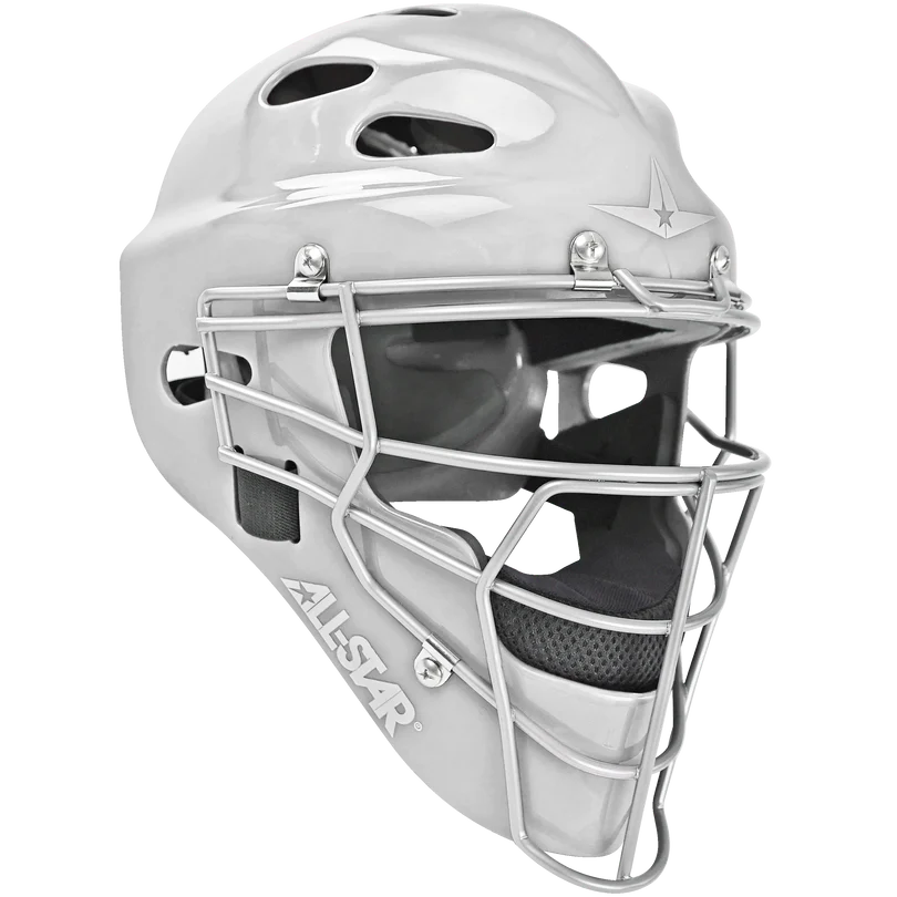 The All Star Heiress Fastpitch Catcher's Kit: CKW-H includes a white helmet with a metal face guard, black padding, ventilation holes, and the All Star logo—perfect for any fastpitch catcher or travel ball player.